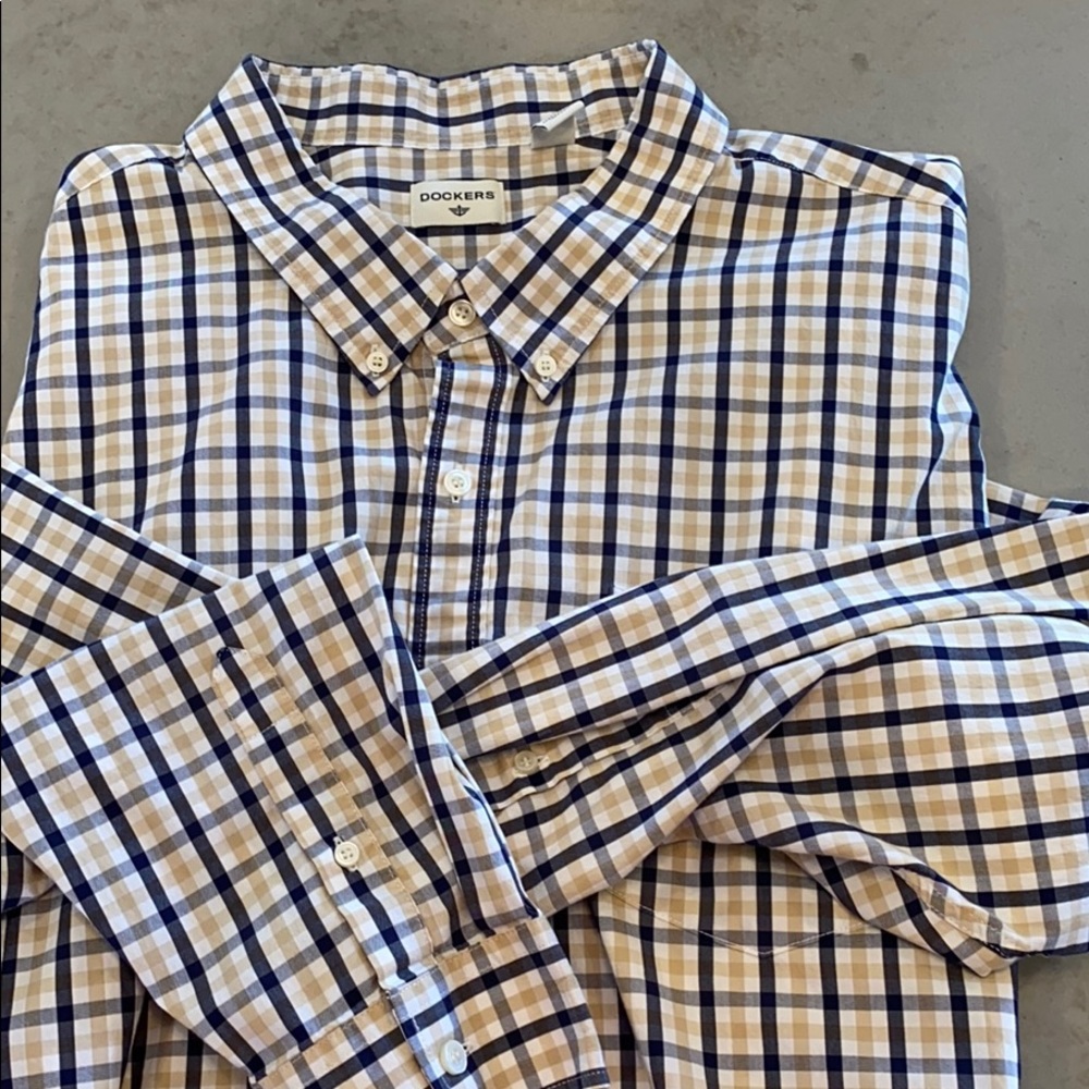 Big and Tall 4XL Navy / Tan plaid shirt.